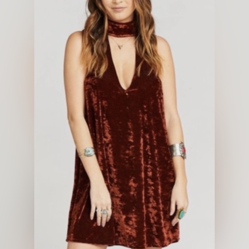NWOT- Show Me Your MuMu- Friday Chocker Dress- Copper Crushed Velvet Mini- Large - Picture 1 of 7